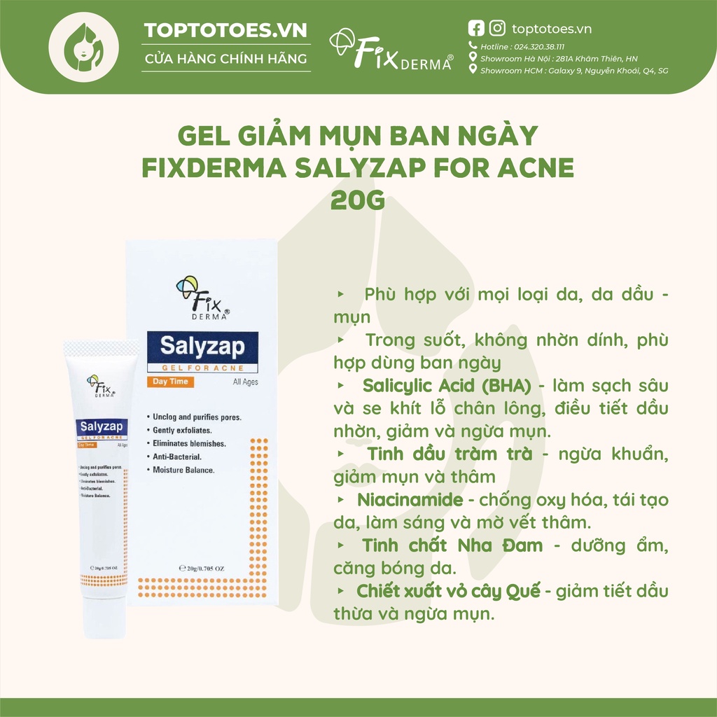 Gel giảm mụn ban ngày Fixderma Salyzap For Acne - 20g [NHẬP KHẨU CHÍNH HÃNG 100%]