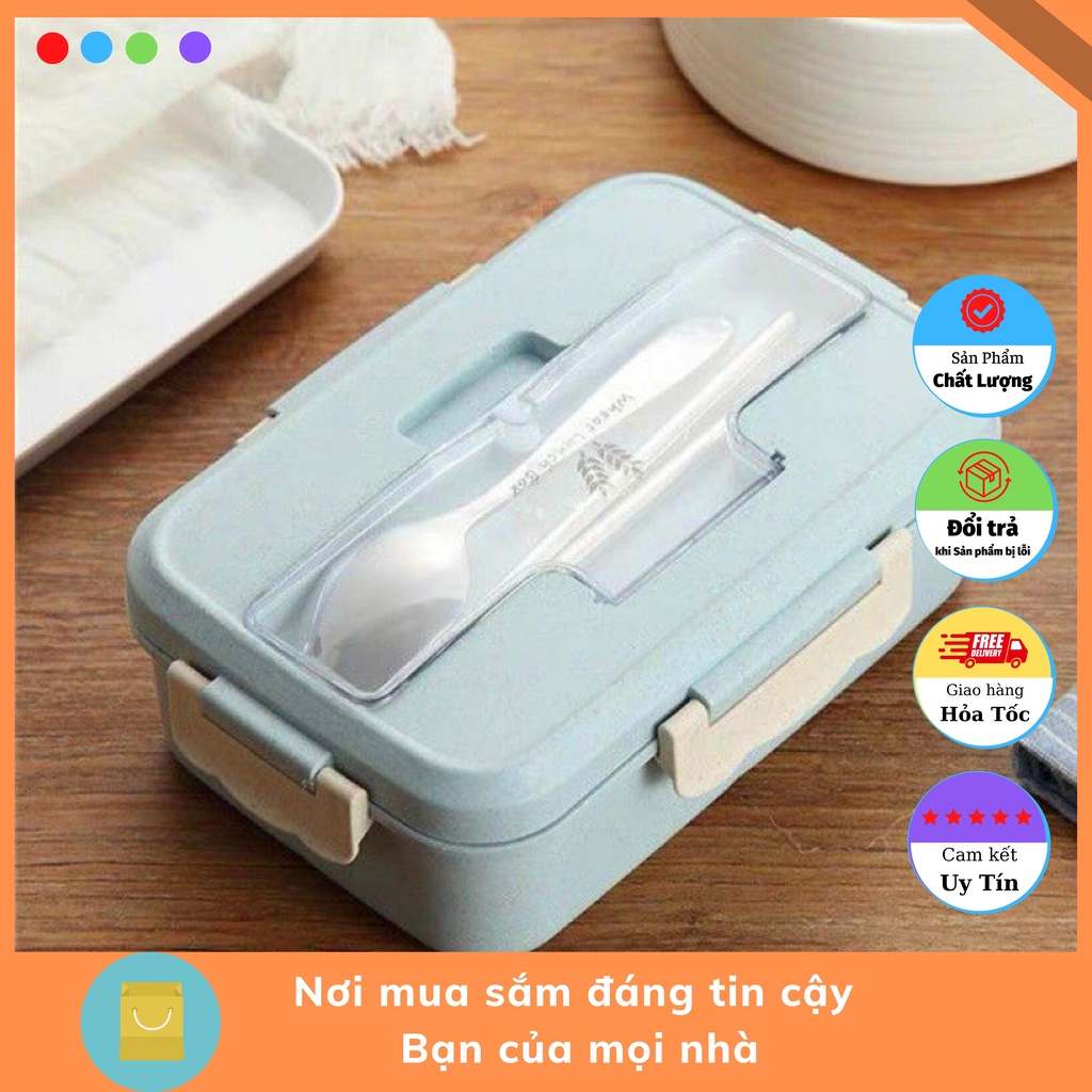 Hộp cơm giữ nhiệt lúa mạch kèm muỗm thìa đũa, hộp dựng chưa cơm canh văn phòng 3 Ngăn tiện dụng