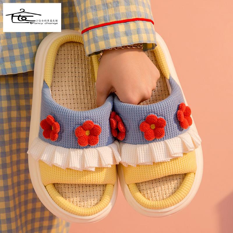 Dép Cotton Lanh Mùa Hè Đế Dày Họa Tiết Dễ Thương Cho Nữ