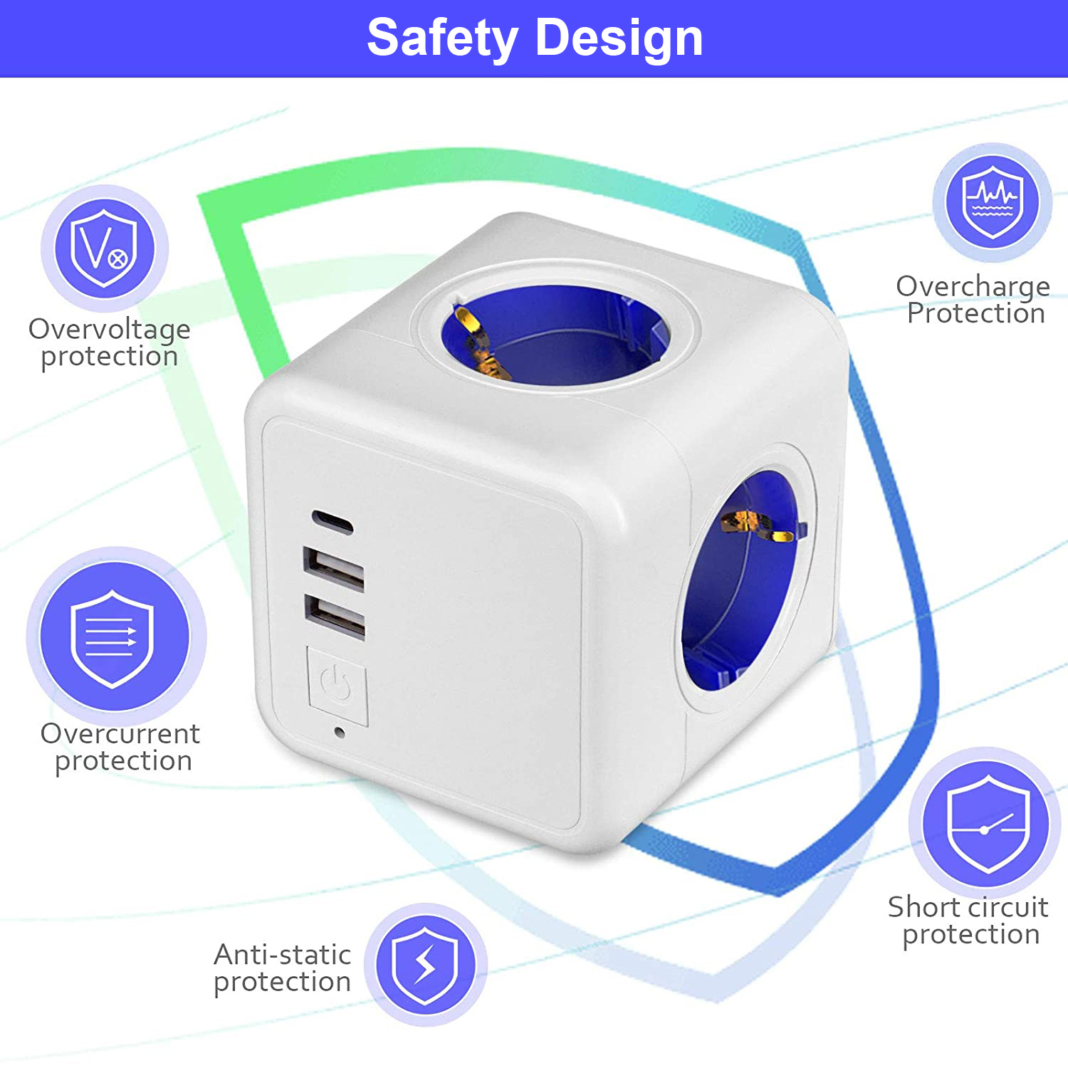 Ổ cắm điện 4 cổng mở rộng 2 cổng USB 16A 250V sạc PD phích cắm EU