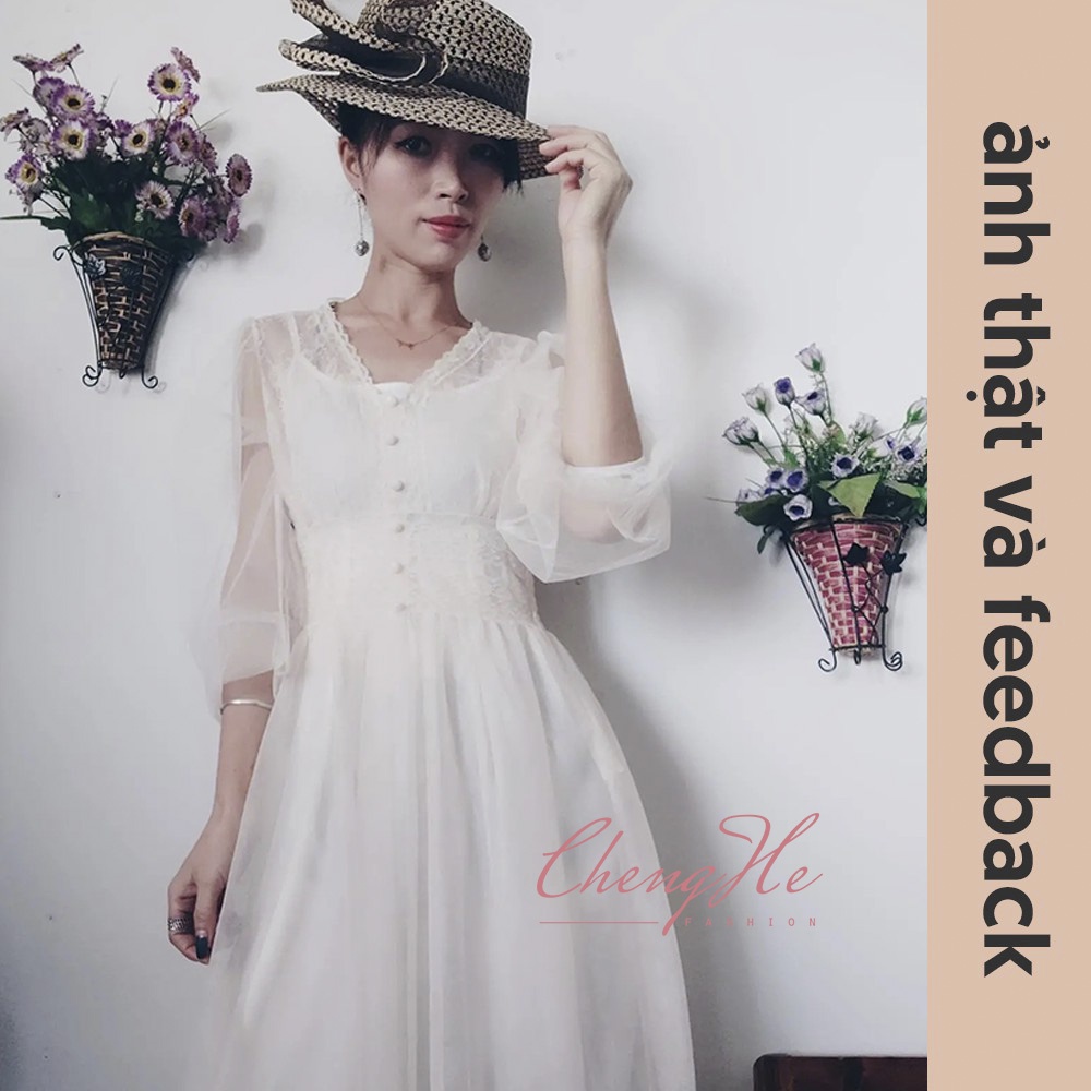Váy / đầm liền công chúa tay lưới bồng xòe dài chic dài tay tiểu thư sang trọng V00107