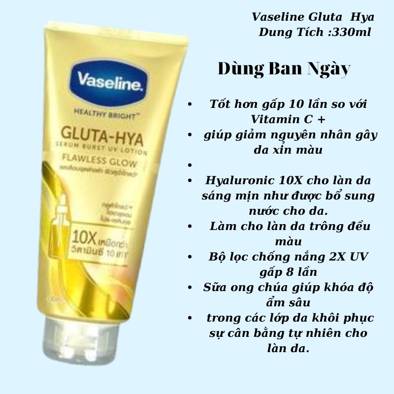 Vaseline 10X Trắng Da Chai Vàng Gluta-Hya Dùng Ngày 330ml Thái Lan