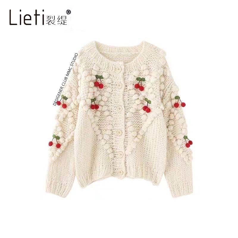 White deer Zhang Yuxi star matching cherry retro knitted cardigan women wear loose lazy soft waxy sweater jacket