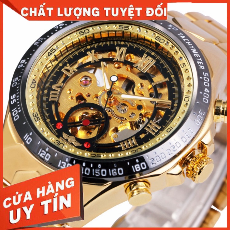 Đồng hồ nam Winner TM432 cơ lộ máy dây thép không gỉ - Full Gold Đen - Hàng nhập khẩu