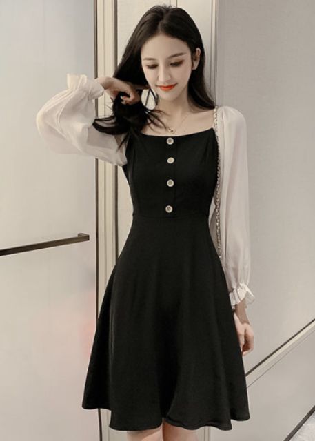 Đầm Nữ Đen Phối Tay Trắng