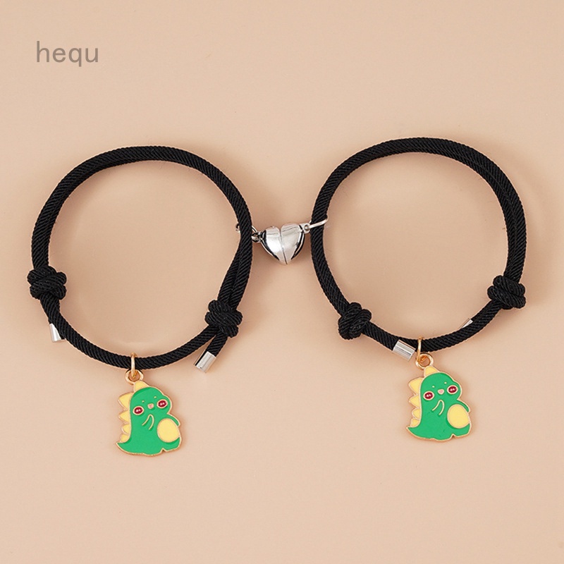 Set 2 vòng tay màu đen phối mặt hình khủng long có nam châm hình trái tim thời trang cho cặp đôi