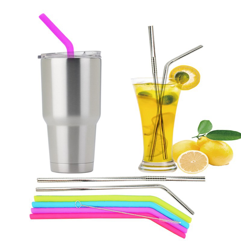 Bộ 2 ống hút silicone Walfos bằng thép không gỉ + cọ có thể tái sử dụng