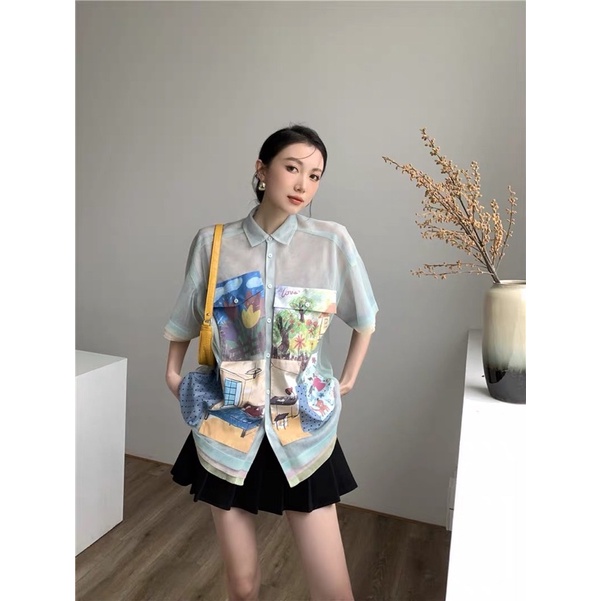 Áo Sơ mi lưới tay ngắn hoạ tiết tranh vẽ hàng QCcc