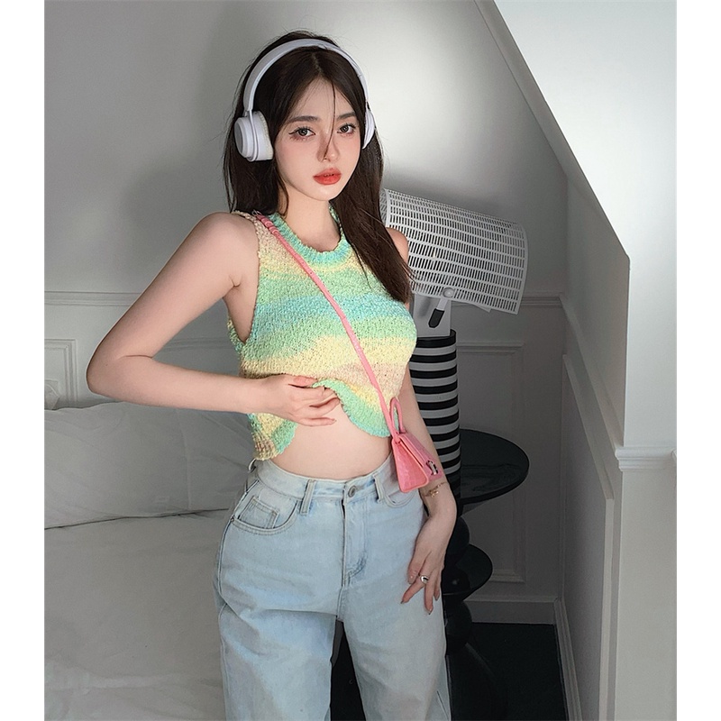 Áo Croptop Dệt Kim Màu Cầu Vồng Thời Trang Cho Nữ