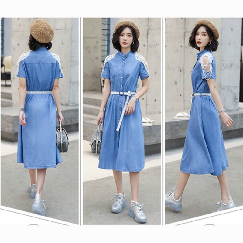 Đầm jean suông.cổ trụ.nút cài dọc.hở vai phối ren..phối túi ( không kèm nịt lưng )