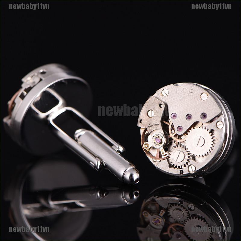 1Pair Vintage Mens Cufflinks Watch Movement Cuff Links Wedding Silver Steampunk Baby1