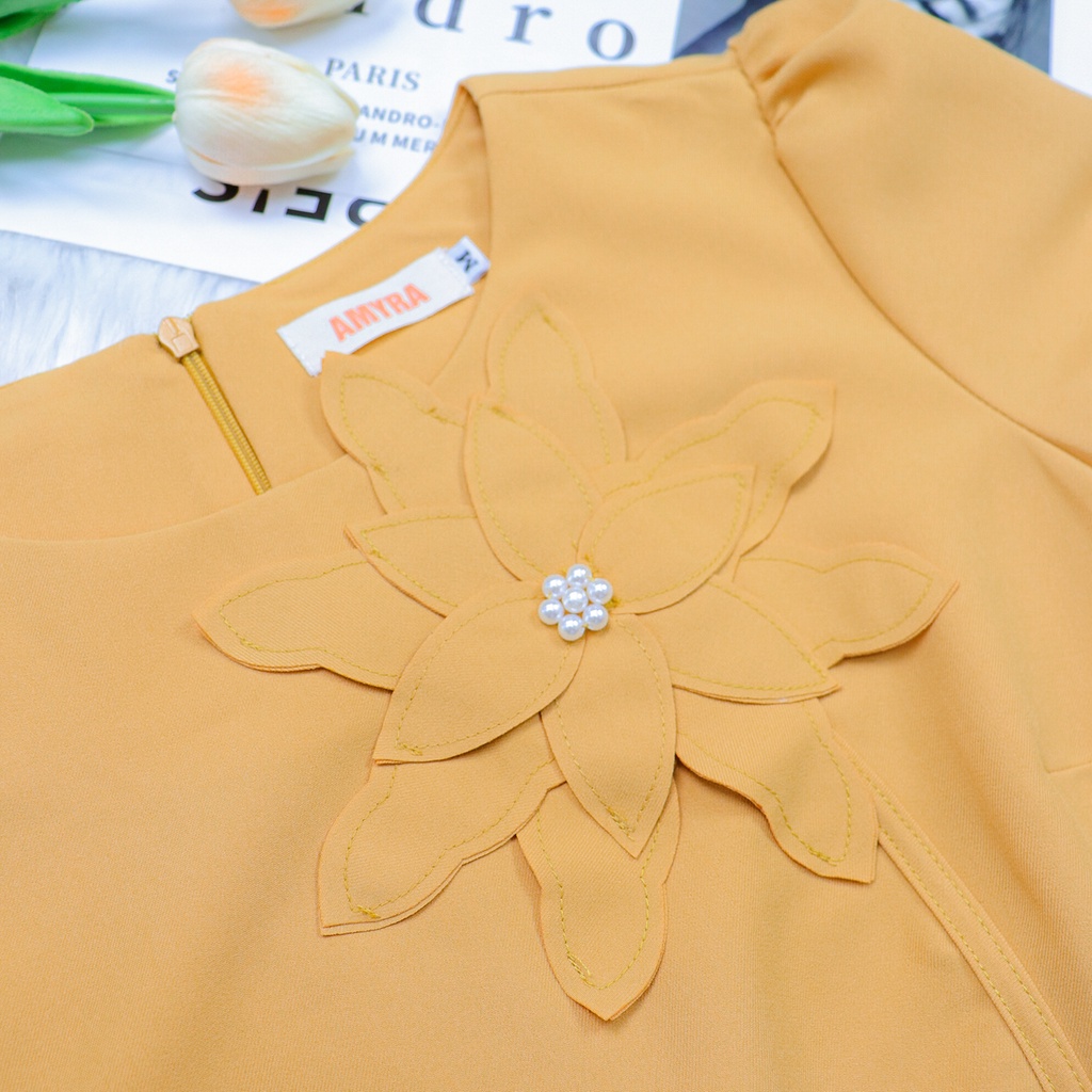 Đầm Xòe Dự Tiệc Công Sở Sang Trọng Bigsize AMYRA, Thiết Kế Dáng Xòe Đính Hoa Ngực Xếp Li Eo Cao Cấp Đi Làm Đi Tiệc DA163
