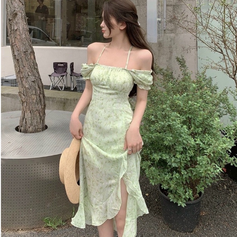 Đầm Maxi Trễ Vai Tà Chéo Viền Bèo