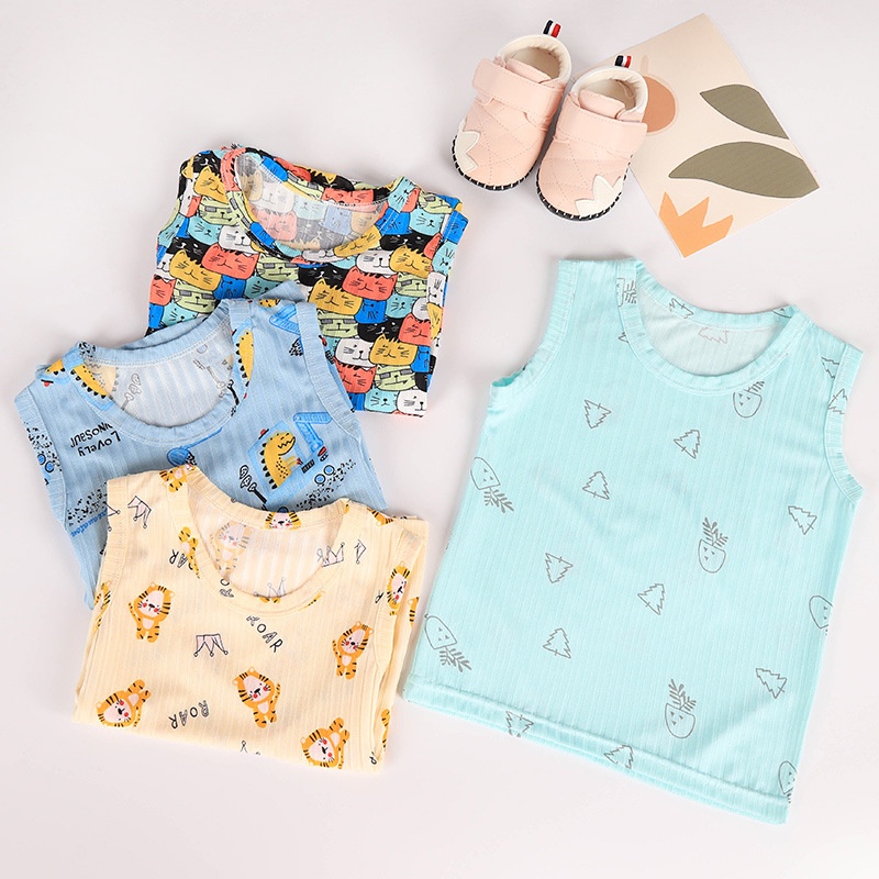 Áo Thun Sát Nách Cổ Tròn Bằng Lụa Lạnh Thoáng Khí In Họa Tiết Hoạt Hình Phong Cách Hàn Quốc Cho Bé 90-150cm