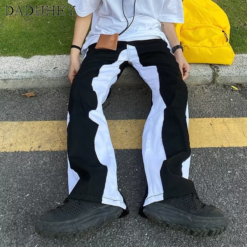 DaDuHey Men's Summer New Patchwork Jeans Trendy Fashion Straight Loose Wide Leg Pants