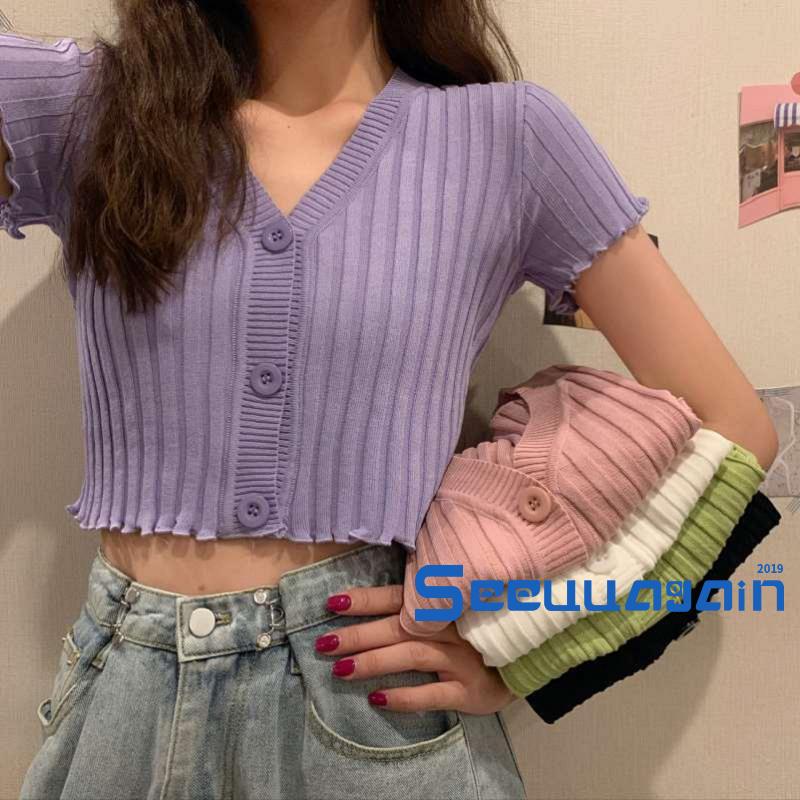 Áo Dệt Kim Tay Ngắn Thiết Kế Cổ Chữ V Thanh Lịch | BigBuy360 - bigbuy360.vn