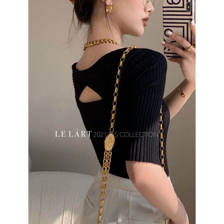 Áo Thun Dệt Kim Tay Ngắn Cổ Tròn Thiết Kế Đan Chéo Quyến Rũ