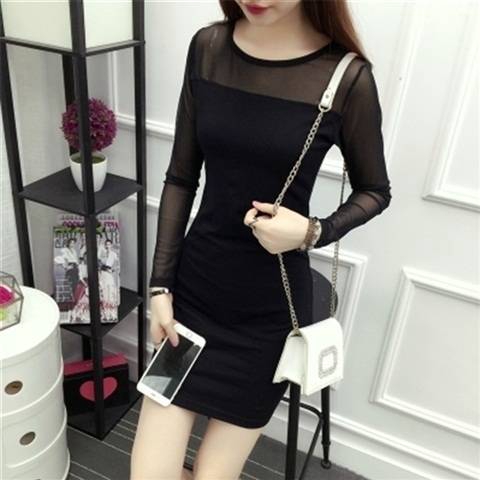 Đầm Tay Dài Cổ Tròn Phối Ren Dáng Ôm Thời Trang Xuân Thu Cho Nữ