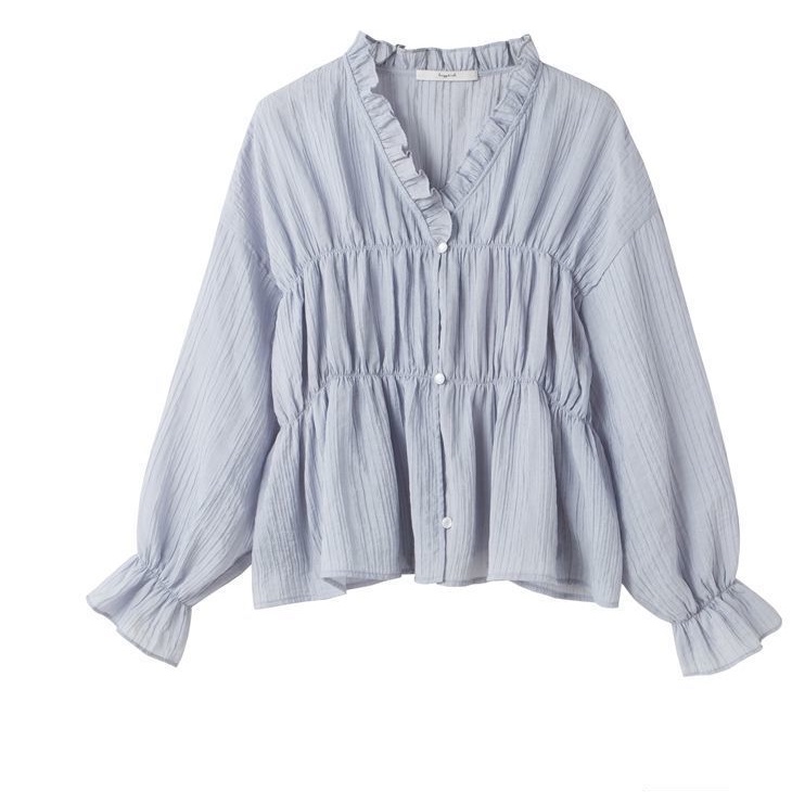 Áo sơ mi chiffon dài tay màu xanh lam thời trang mùa thu cho nữ