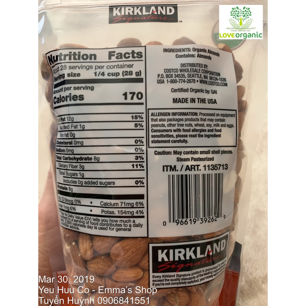 [Có Sẵn &gt;Hạnh Nhân Hữu Cơ Kirkland 771g