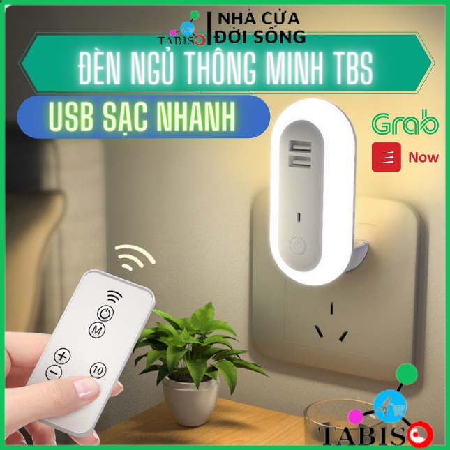 Đèn ngủ thông minh TABISO 10 cấp độ sáng - điều khiển từ xa bằng remote - hẹn giờ -có cổng sạc nhanh điện thoại - 2021