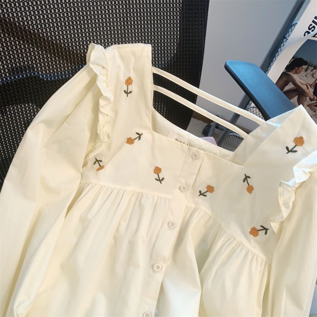 Áo Sơ Mi Ngắn Tay Dài Phồng Thêu Họa Tiết Thời Trang Mới Cho Nữ