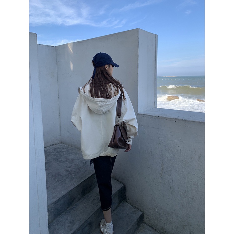 Áo khoác Kaki nữ Có mũi trùm đầu phối túi bự Hàn Quốc Áo Jacket Form rộng Dài tay Màu trơn Ulzzang Thời trang