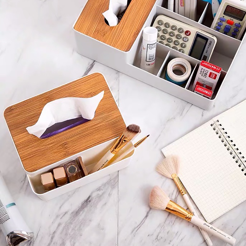 Hộp đựng giấy ăn nắp gỗ 2 tầng có ngăn để đồ tiện lợi