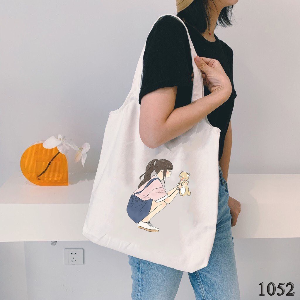 TÚI TOTE TRẮNG CHẤT VẢI CANVAS 1052 HER AND CAT DỄ THƯƠNG HÀNG CHUẨN ĐẸP