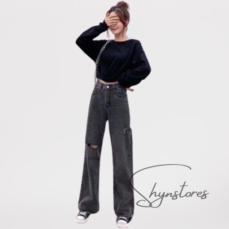 Quần jeans nữ Shynstores - quần bò suông nữ unisex dáng dài rách gối cạp cao màu xám freeship