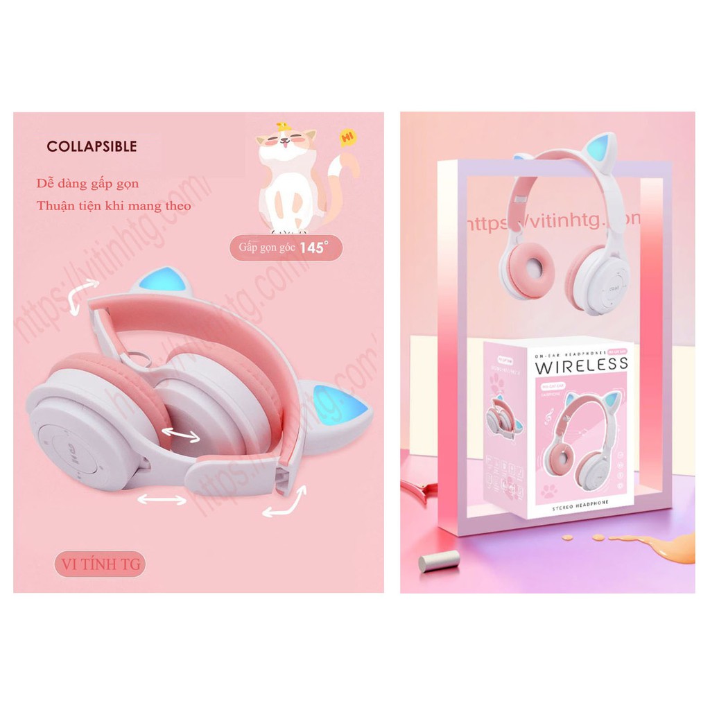 Tai nghe bluetooth màu hồng - Tai nghe tai mèo có đèn LED cực cute  Headphone bluetooth LED TG045