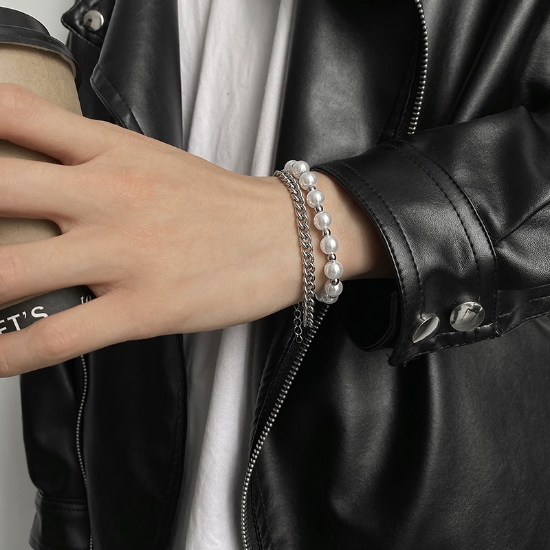 Vòng Tay Hai Lớp Bằng Thép Titanium Đính Hạt Ngọc Trai Phong Cách Hip hop Đơn Giản