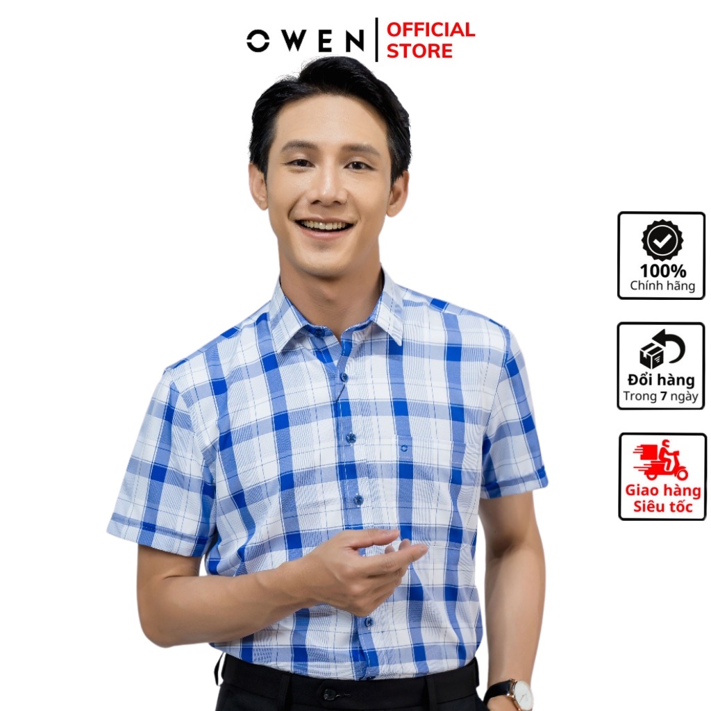 Áo sơ mi nam ngắn tay OWEN BA220117NT somi công sở vải nano cao cấp màu caro lớn xanh trắng dáng suông tà bằng có túi