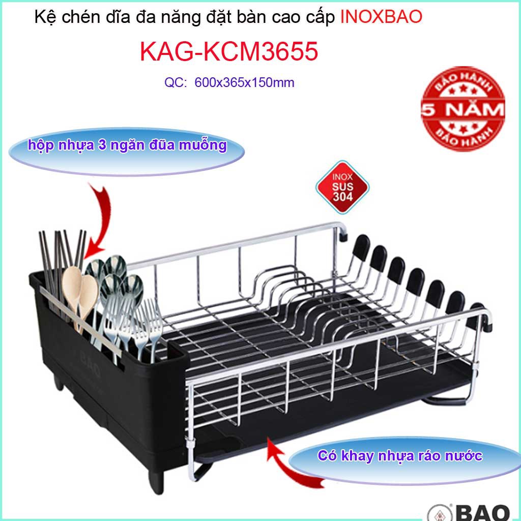 Kệ chén dĩa đa năng Inox Bảo KAG-KCM3655, giá đựng bát đĩa đặt bàn SUS304 dập đặc cao cấp 60cm có ống đũa siêu bền