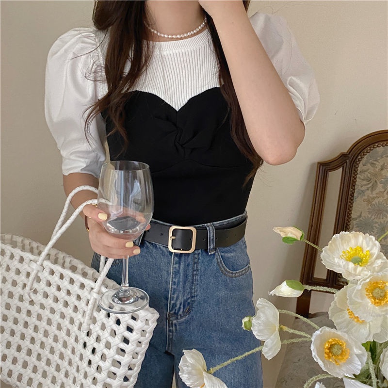 Áo Thun Dệt Kim Mỏng Tay Ngắn Phồng Phối Màu Tương Phản Kiểu Pháp Thời Trang Mùa Hè 2022 Cho Nữ