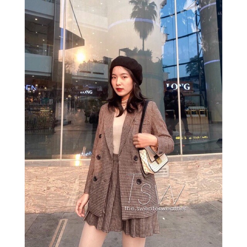 SET ÁO VEST BLAZER KÈM CHÂN VÁY XẾP LY KẺ CARO