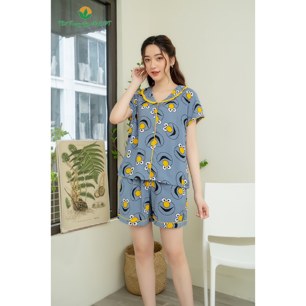 Bộ lanh quần đùi áo cộc tay PIJAMA phối bèo cổ VT B03.2104 - Chất lanh mềm, nhẹ, mặc thoải mái - Hàng nhập khẩu