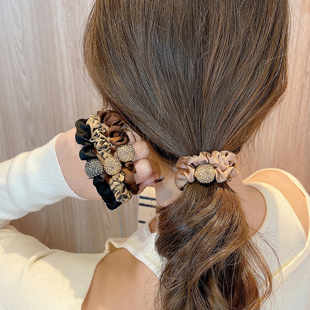 Dây Buộc Tóc Đuôi Ngựa Cao Su Họa Tiết Da Báo Đính Đá Cổ Điển