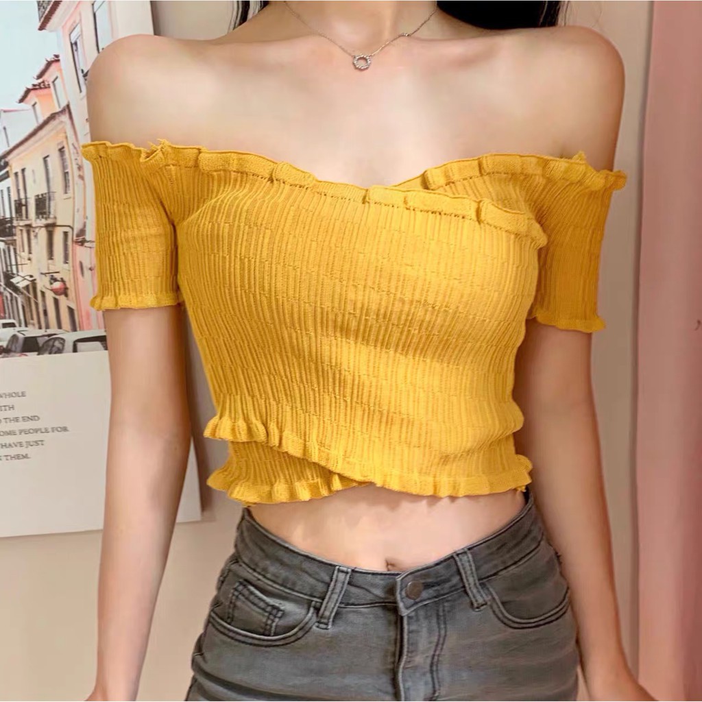 rose blackpink Áo croptop trễ vai thiết kế ngực đắp chéo co giãn phong cách thời trang cho nữ | BigBuy360 - bigbuy360.vn