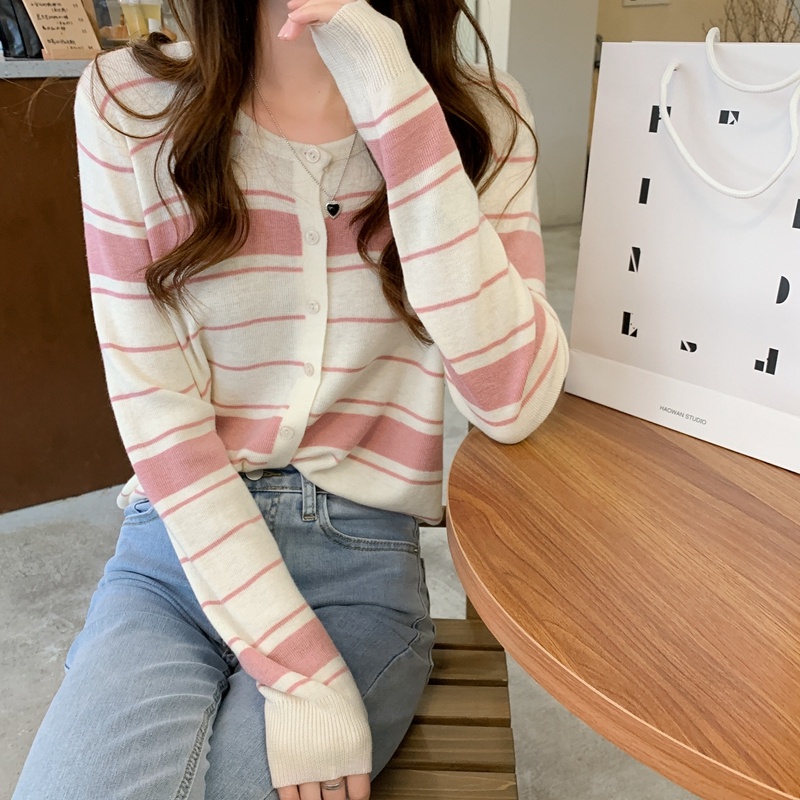 Áo cardigan ZHELIHANGFEI dệt kim tay dài dáng rộng lưng cao kẻ sọc thời trang tùy chọn màu sắc