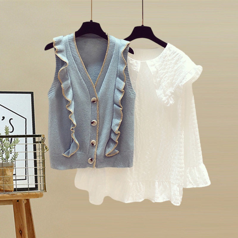 Set áo sơ mi tay dài + áo len không tay + quần jeans lưng cao thời trang cho nữ 200kg