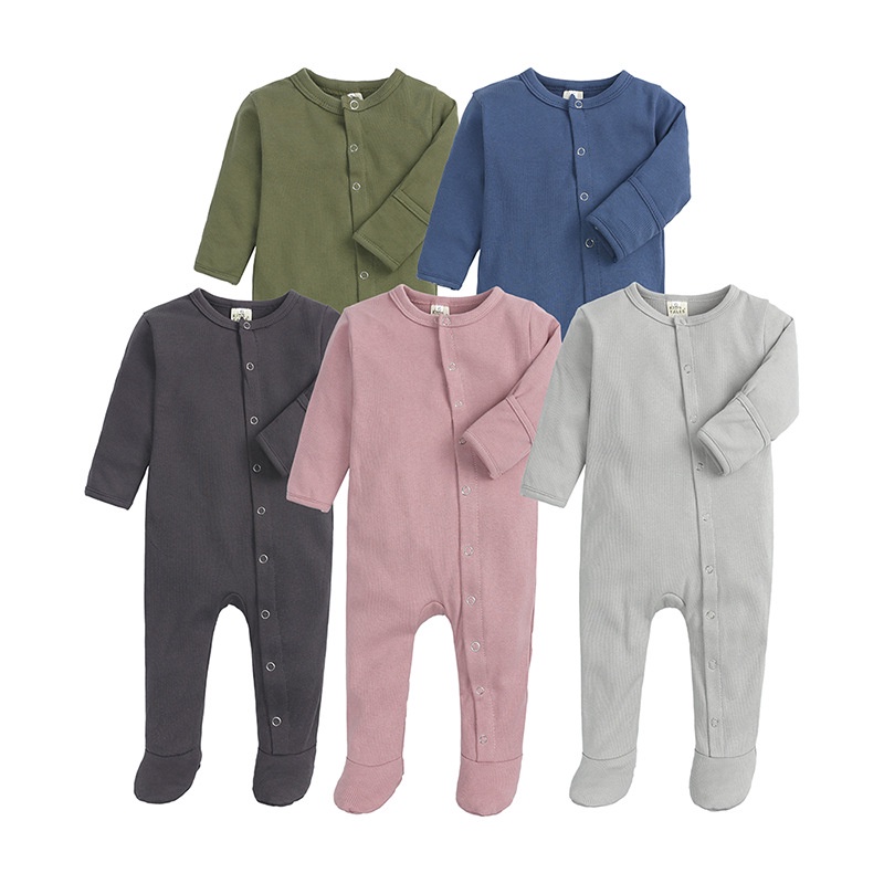 Bộ Áo Liền Quần Tay Dài Màu Trơn Chất Liệu Cotton Cho Bé 0-12 Tháng Tuổi
