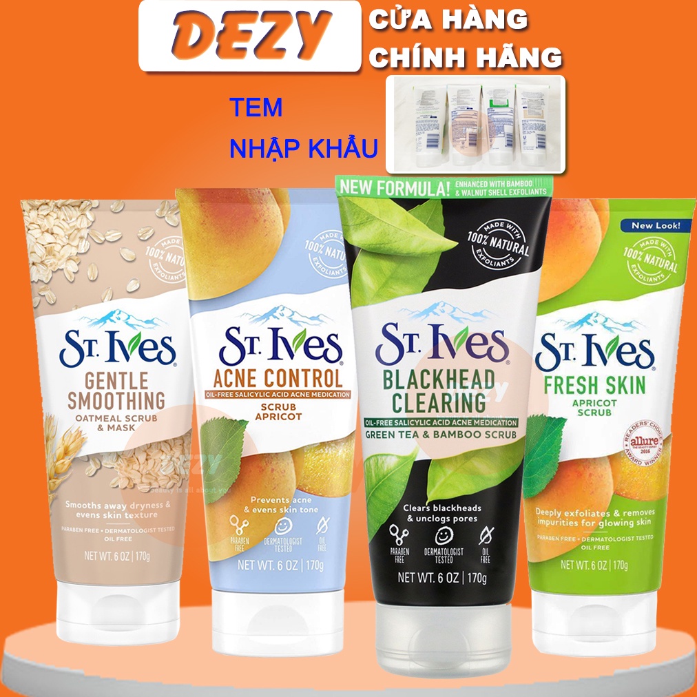 Sữa Rửa Mặt Tẩy Tế Bào Chết St ives CHÍNH HÃNG - Srm Tẩy Da Chết Mặt Giảm Mụn Đầu Đen Clear Scrub Trắng Da Khô Nhờn Dezy