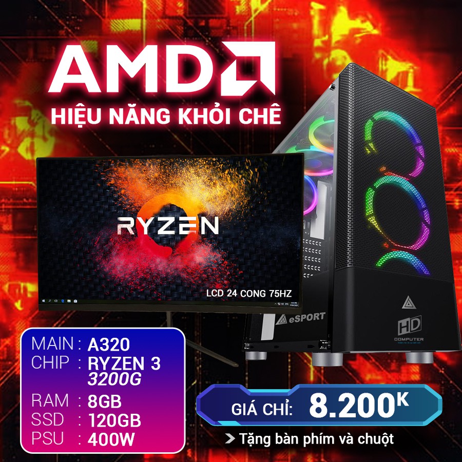 [Mã ELMS05 giảm 5% đơn 300k]Cấu hình 6 AMD RYZEN 3 3200G RAM 8G SSD 120G LCD 24 CONG 75HZ BH 12 Tháng