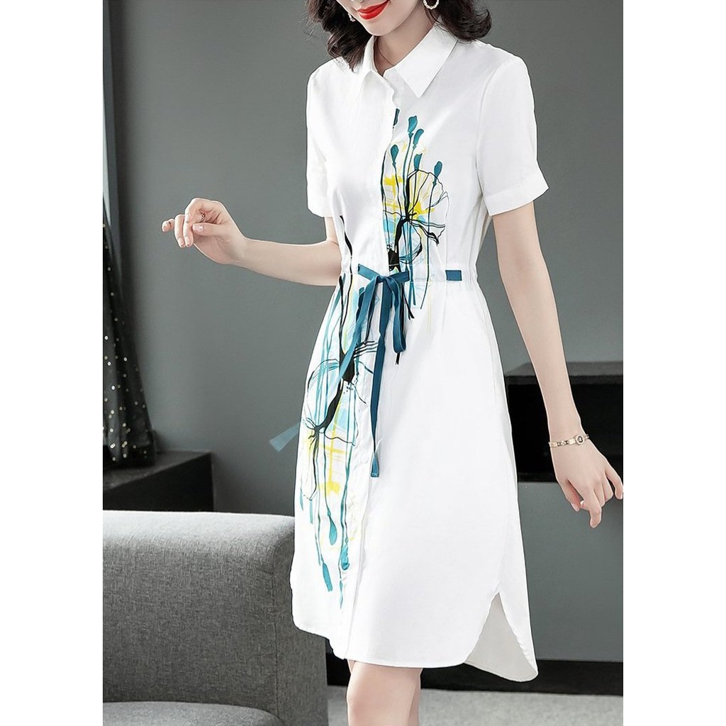 Đầm suông nữ tay ngắn cổ sơ mi in hoa kèm dây rút eo