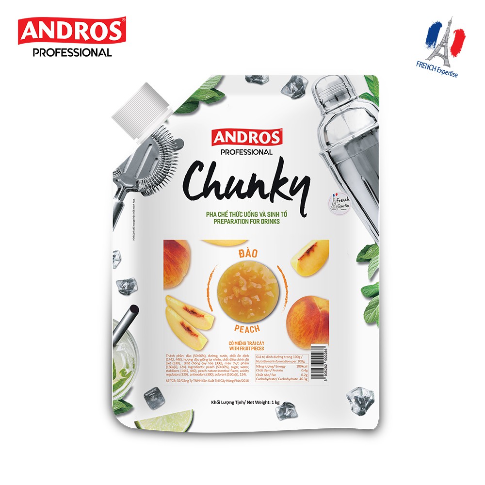 Mứt Trái Cây Pha Chế Đào - Có miếng trái cây thật - Nguyên liệu pha chế -  ANDROS CHUNKY - 1kg