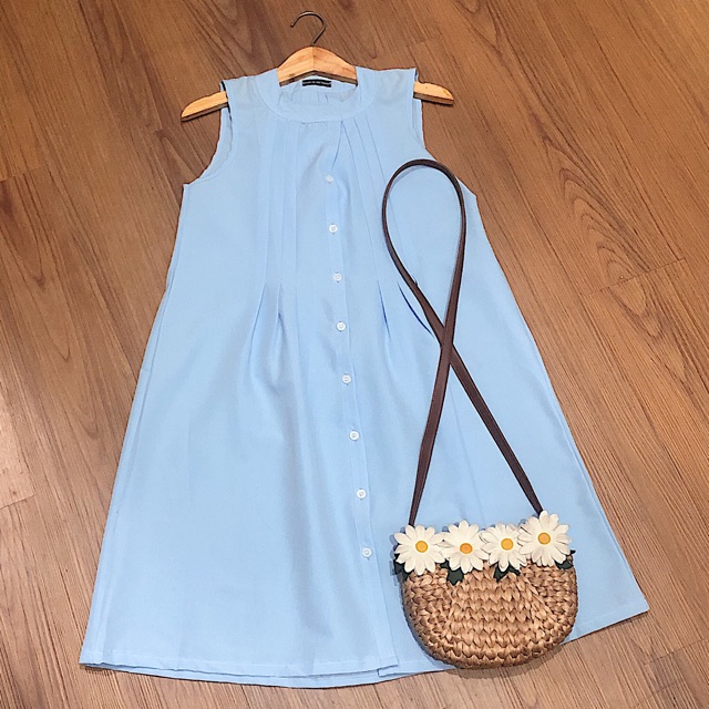 Đầm xanh cổ trụ xếp li (kèm hình thật) | BigBuy360 - bigbuy360.vn