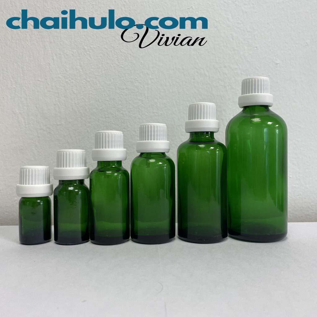 20ml - Chai thủy tinh, lọ đựng tinh dầu serum thân xanh nắp vặn nhựa