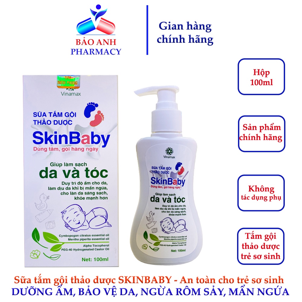 Nước tắm gội thảo dược An toàn cho bé SKINBABY – Ngừa rôm sảy, mẩn ngứa, làm sạch, bảo vệ, dưỡng ẩm da – Chai 100ml