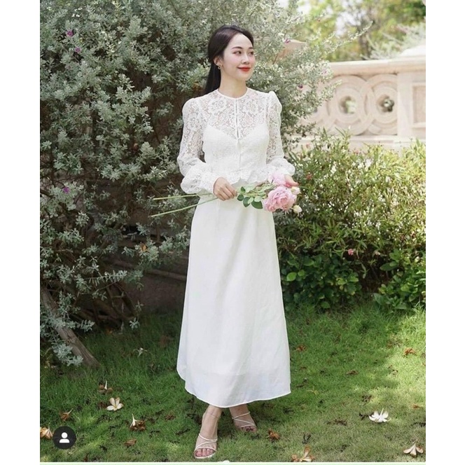 Đầm midi hoa trắng nơ cổ tay phồng,đầm nữ tiểu thư siêu sang xinh